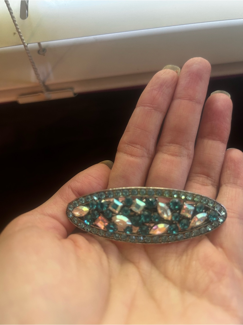 Teal Crystal Oval Barrette Hair Clip -  Vintage-Designer Look
